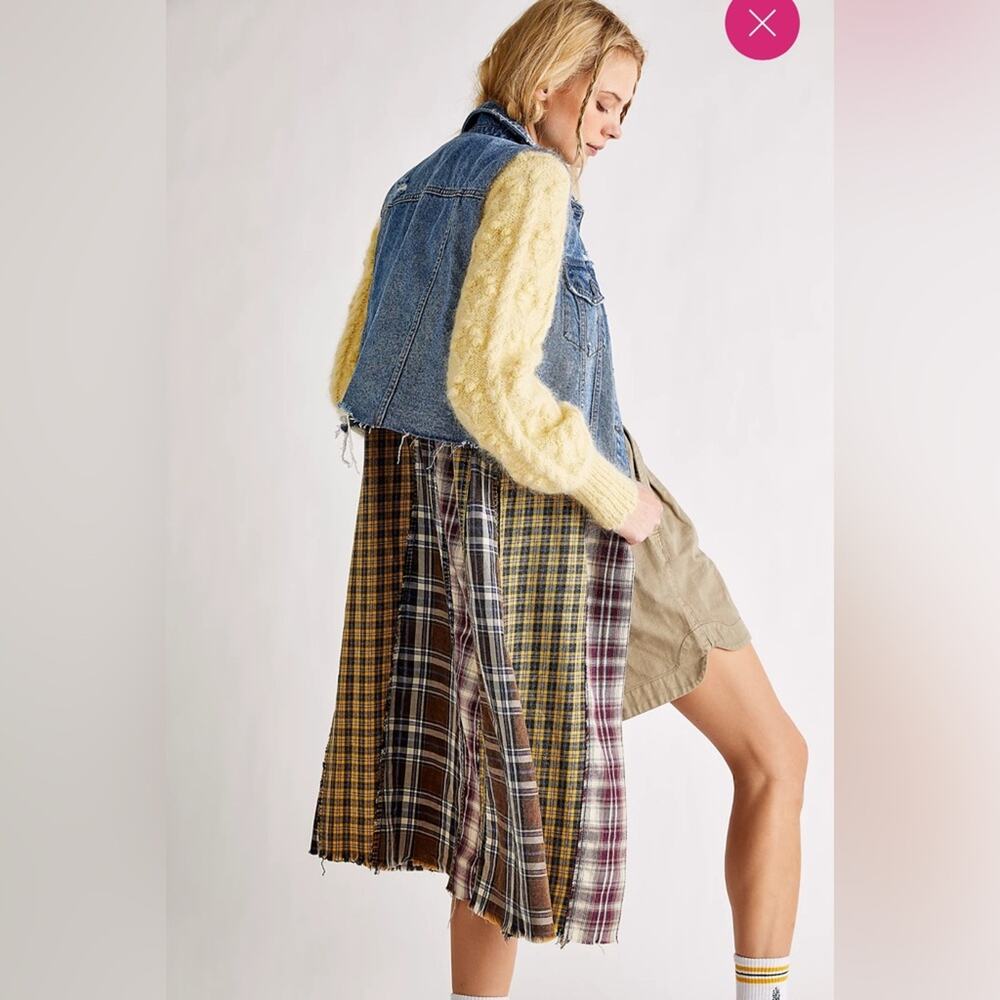 We The Free Patchwork Denim Vest with Yellow Knit Sleeves